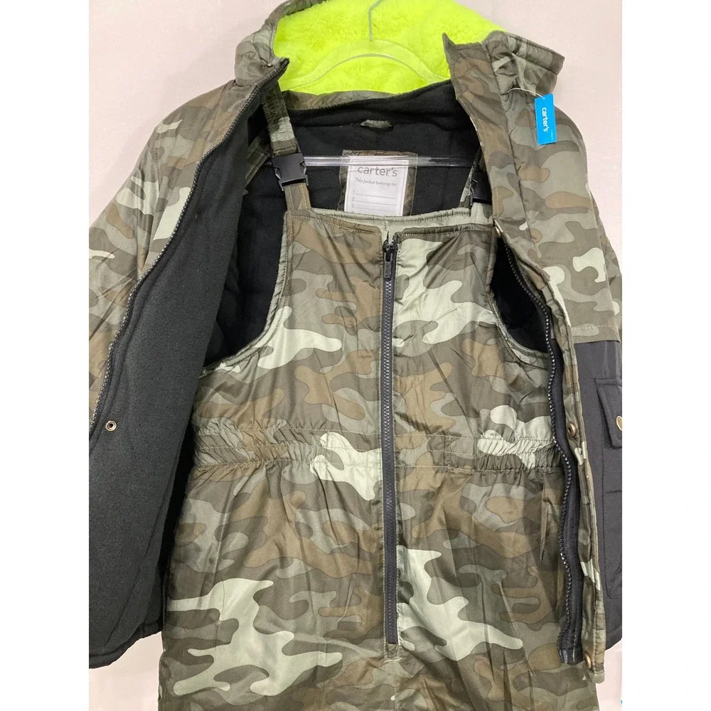 NWT Carters Boys 2 Piece Snowsuit 10/12 Green Camo Jacket Snow Bibs Winter Set